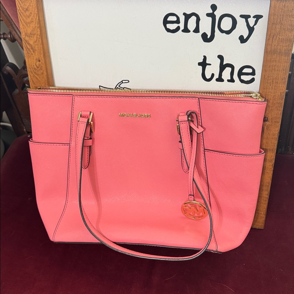 Michael Kors Coral Pink Handbag with Gold Accents